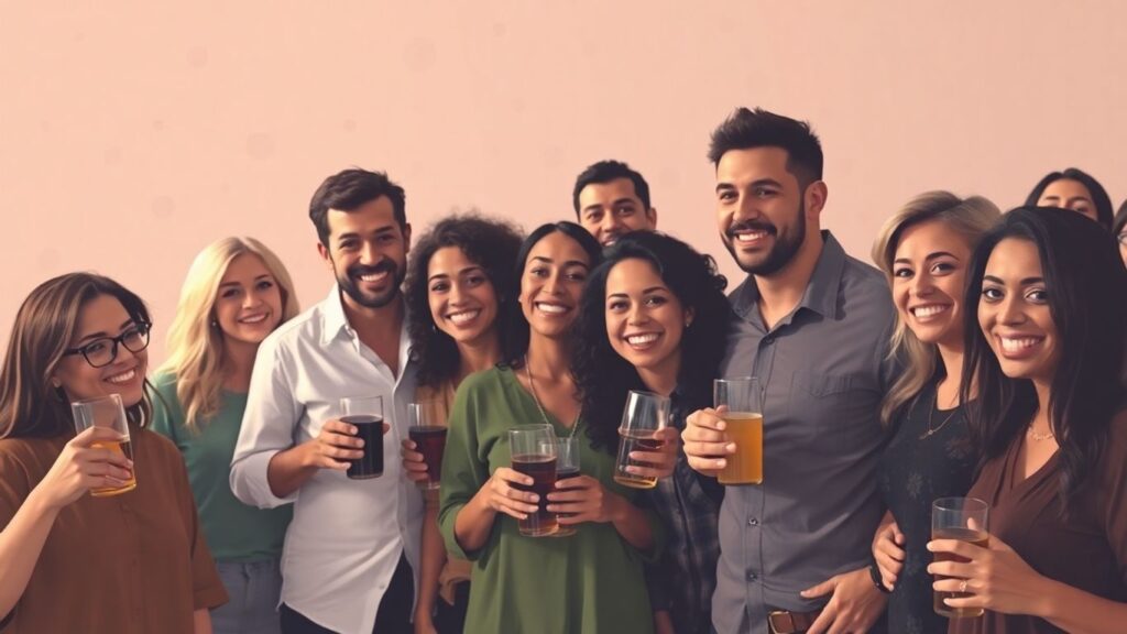 Diverse adults socializing in a positive, inclusive setting.