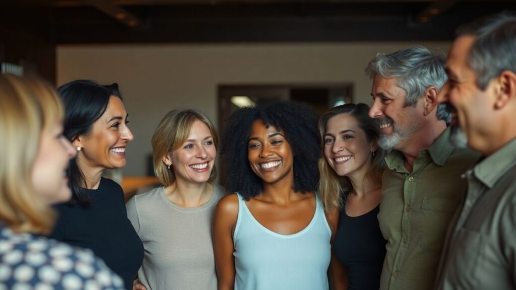 Diverse adults socializing in a warm, inviting atmosphere.