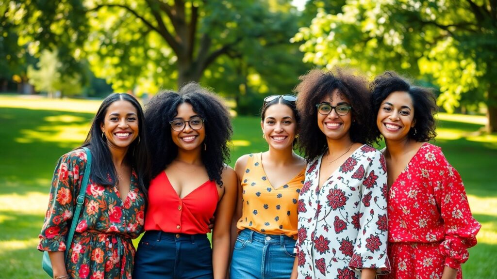 Diverse confident women together in a sunlit green park.