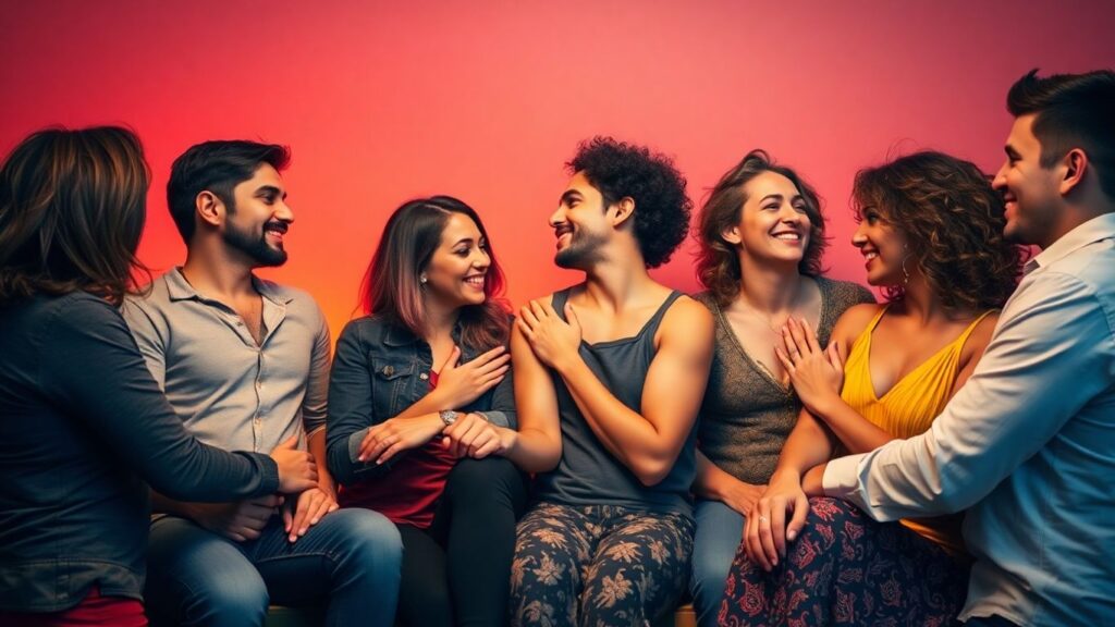 Diverse couples and individuals in a warm, inviting setting.