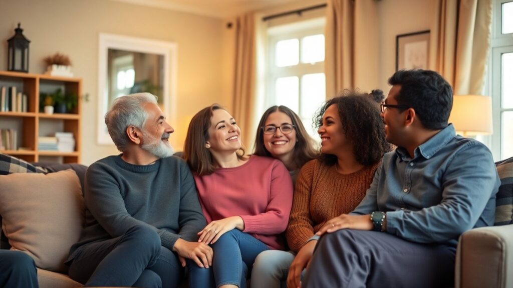 Diverse friends chatting closely in a cozy living room.