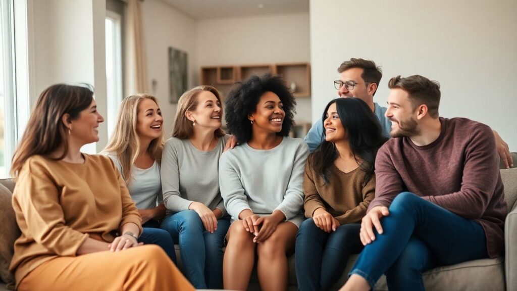 Diverse friends smiling in cozy, modern living room together.