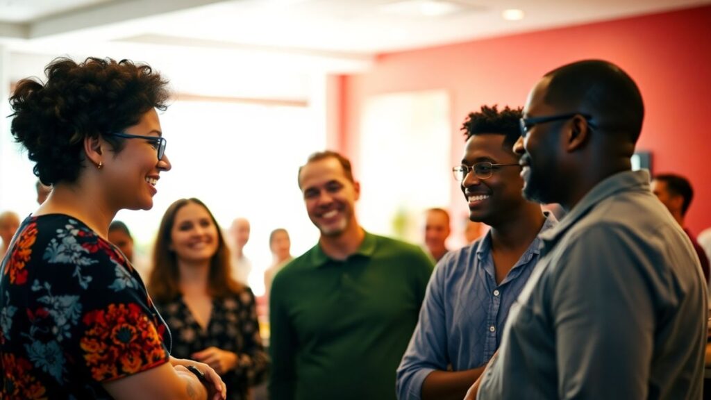 Diverse group in a warm, inviting setting, conversing openly.
