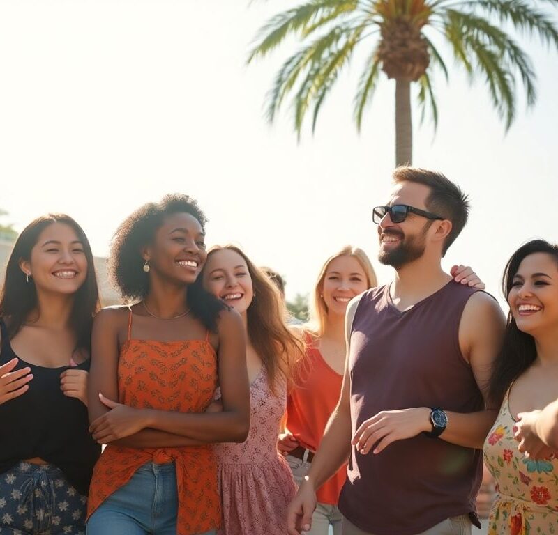 Diverse group of happy people interacting outdoors.
