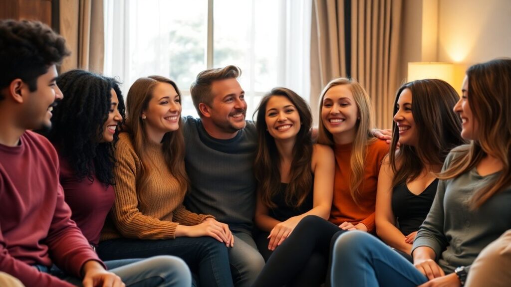 Diverse group sharing smiles and comfortable body language.