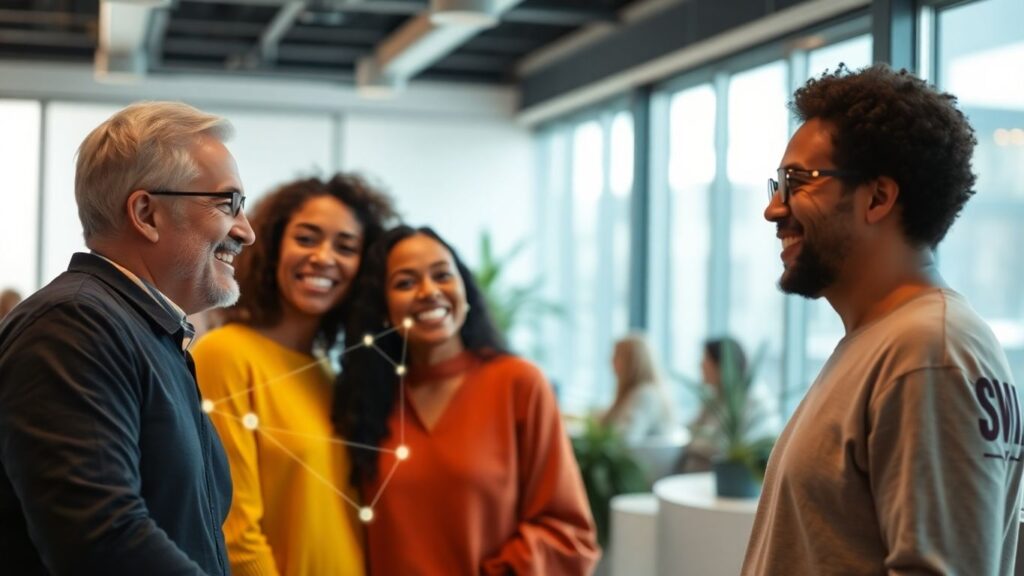 Diverse people connecting through digital matchmaking algorithms.