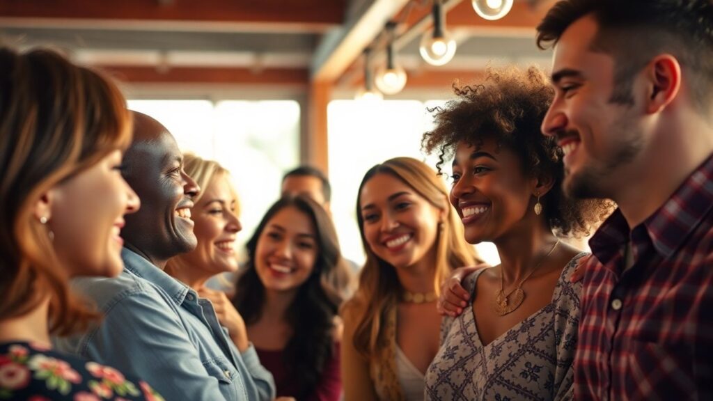 Diverse people smiling and connecting on dating app
