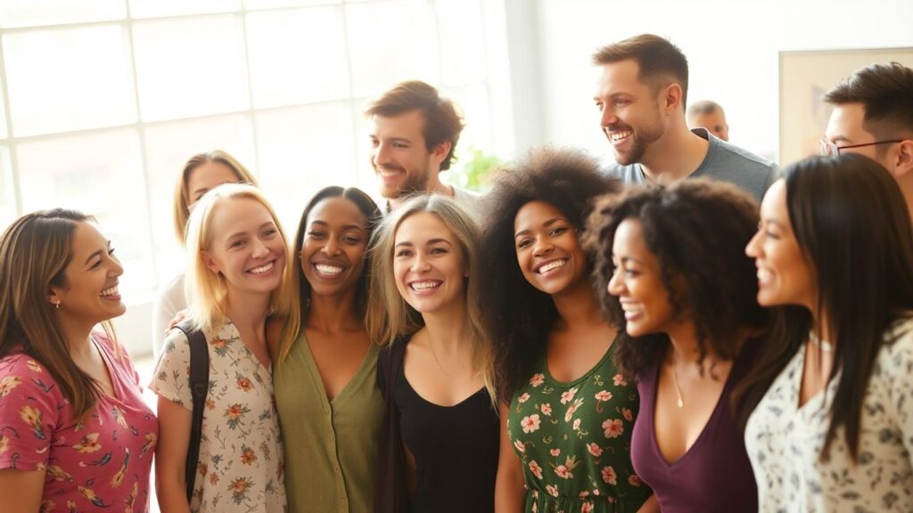 Diverse people smiling in a sunlit, open space.