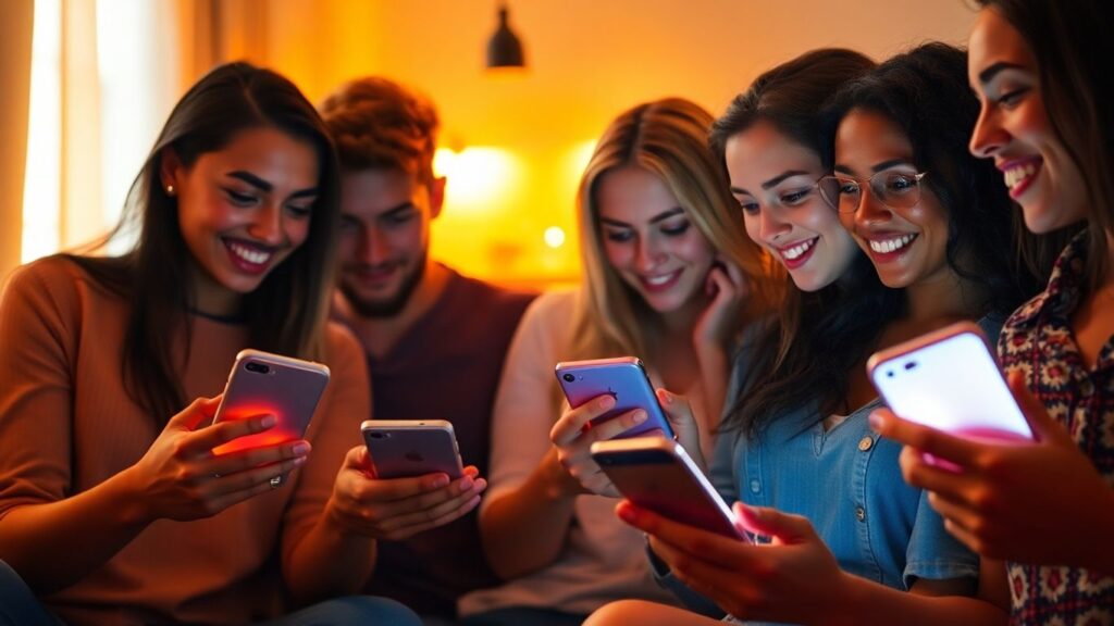 Diverse people using dating apps for polyamory.