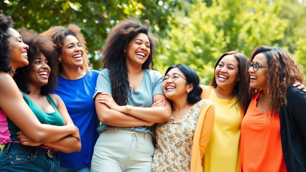 Diverse women laughing and hugging outdoors in sunlight.