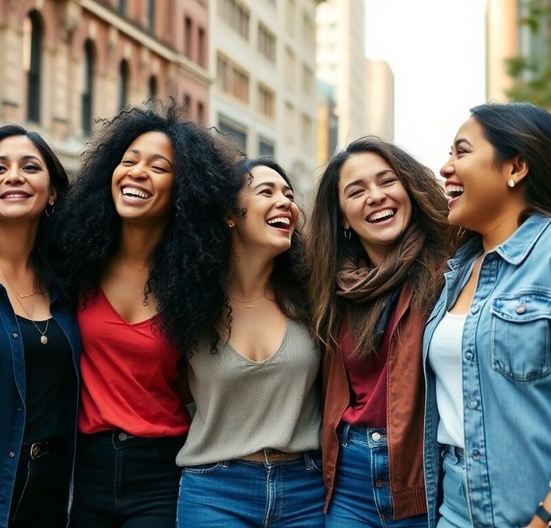 Diverse women laughing together outdoors in sunlight.