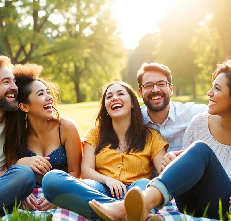 Friends relaxing joyfully together on a sunny park picnic.
