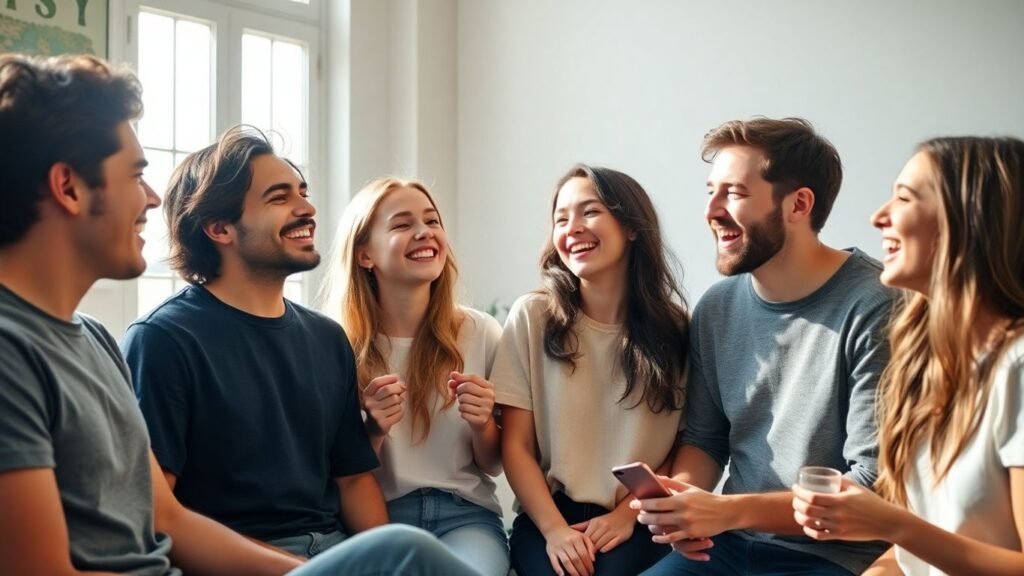 Friends sharing a lighthearted moment in a sunlit room.