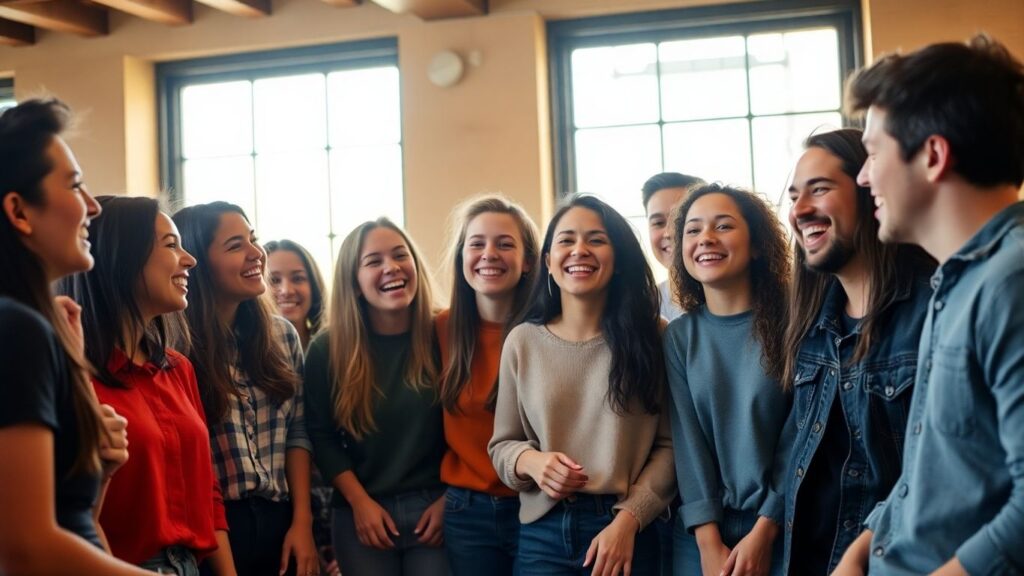 Friends sharing a lighthearted moment in a sunlit room.