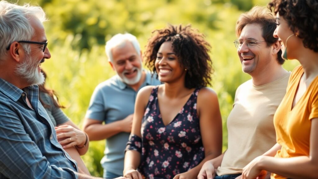 Group of friends laughing together in warm outdoor sunlight.