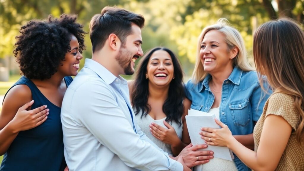 Group of joyful adults embracing outdoors in sunlight.