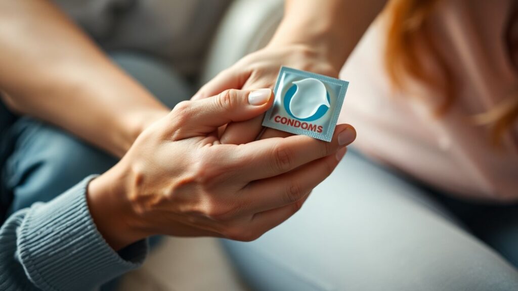 Hands holding condom package, intimate connection