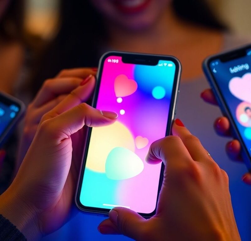 Hands swiping on dating app screens with colorful abstract motion.
