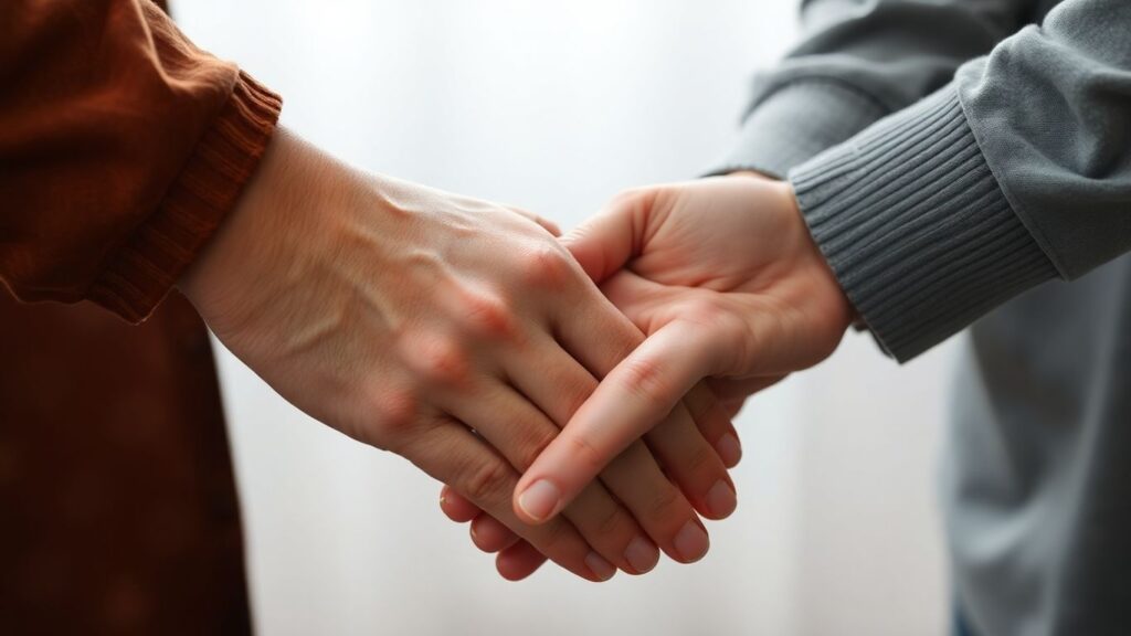 Hands touching, conveying trust and respect during a safe encounter.