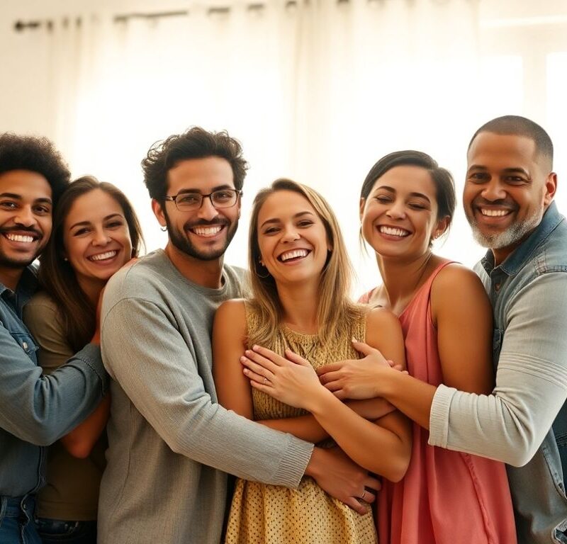Happy people embracing in a cozy, sunlit room.
