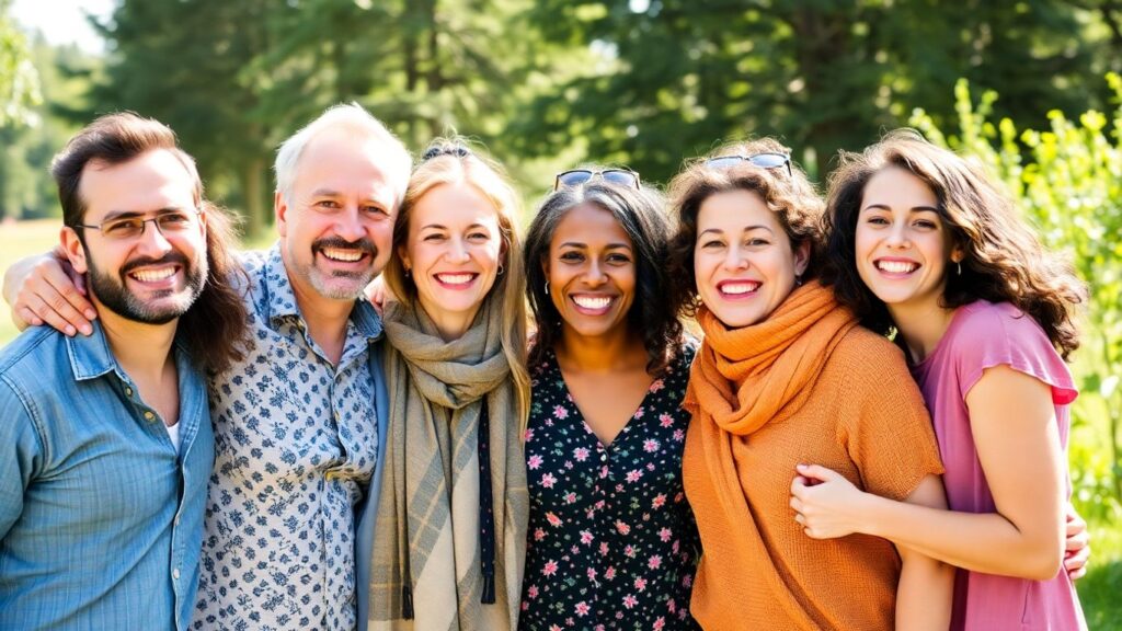 Happy people embracing in a sunny, natural environment.