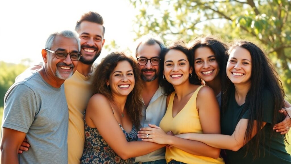 Happy people embracing in a sunny, natural outdoor setting.
