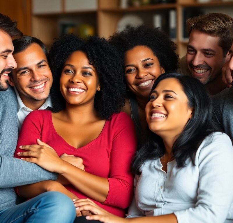Happy polyamorous couples embracing warmly.