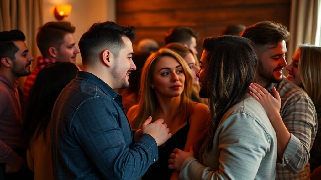 LGBTQ+ couples sharing intimate moments in a cozy setting.