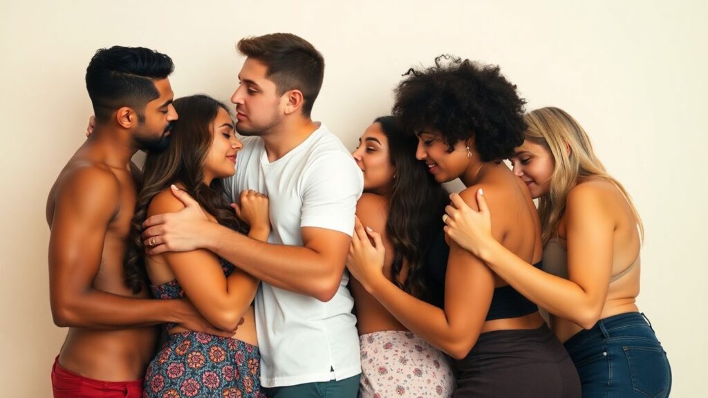 LGBTQ+ individuals in affectionate polyamorous relationships.