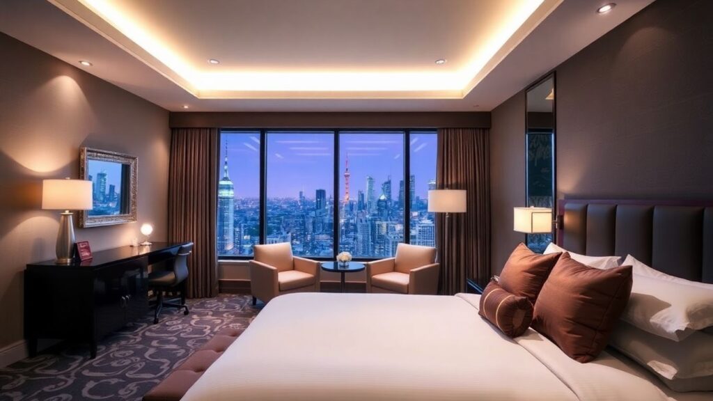 Luxurious London hotel room with city skyline view.