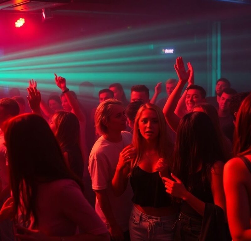 Nightclub scene with people dancing and safety elements.
