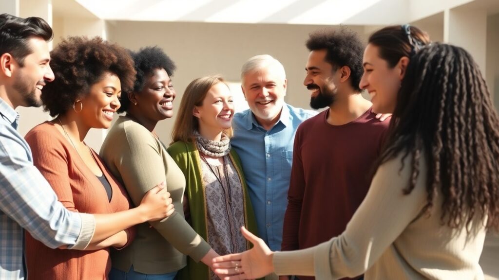 People connecting and embracing in a bright, open setting.