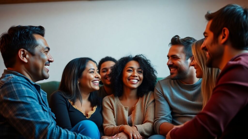 People connecting comfortably in a warm, intimate setting.