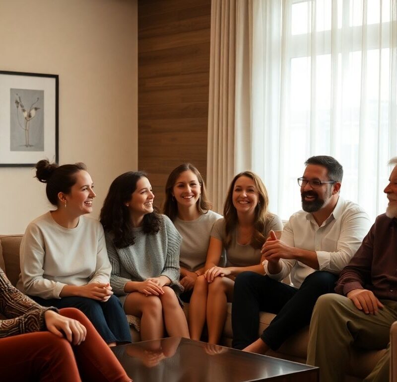 People connecting in a comfortable, modern social setting.