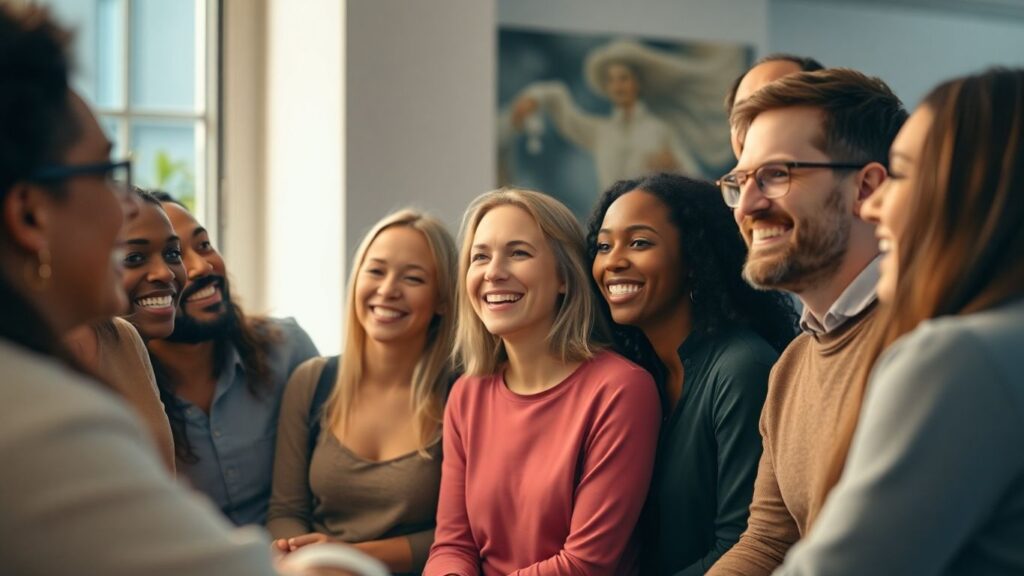 People connecting in a warm, open social gathering.