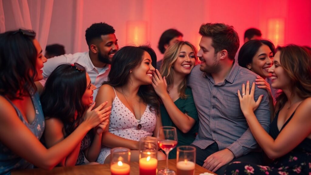 People connecting intimately in a warm, inviting setting.