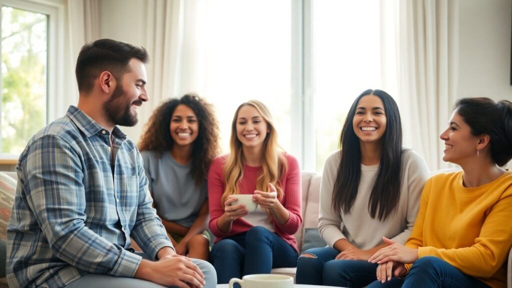 People connecting intimately in a warm, sunlit room.