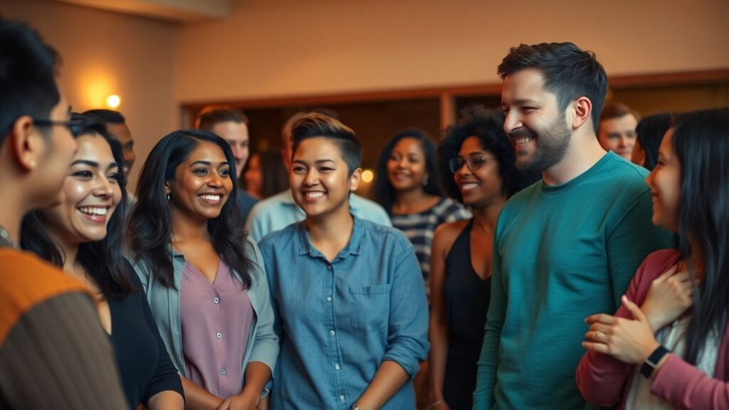 People connecting openly in a warm, communal setting.