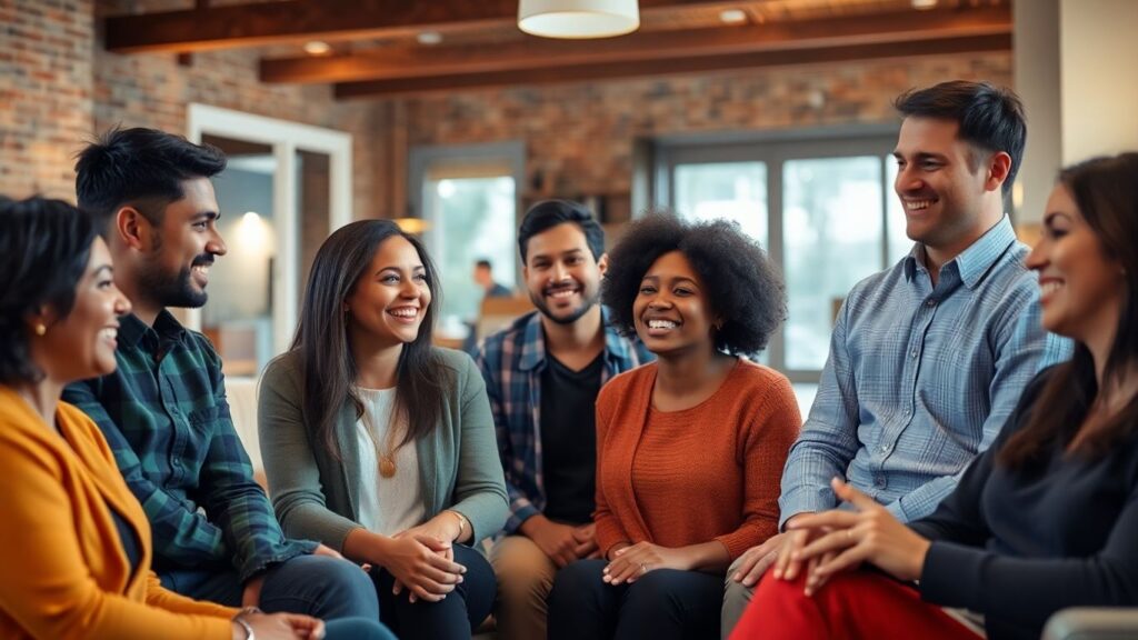 People connecting positively in a relaxed, warm environment.