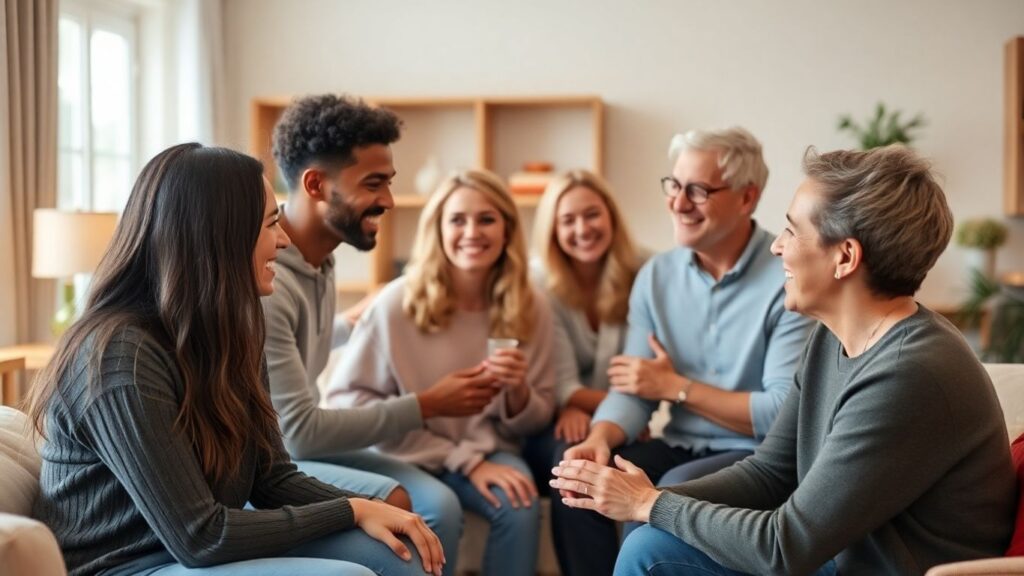 People connecting warmly in a comfortable, open setting.