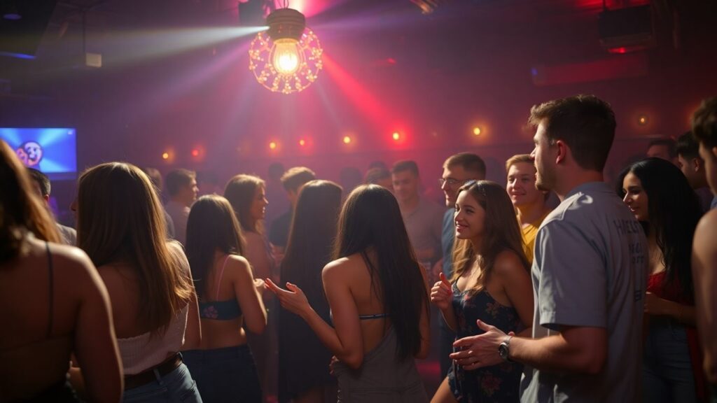 People dancing and socializing in a nightclub.