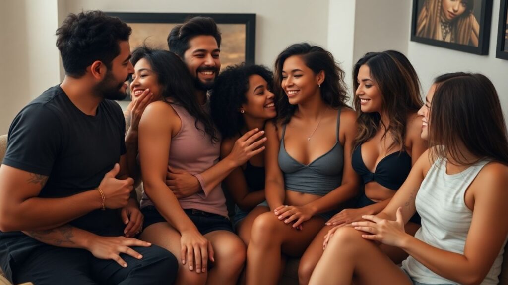 People enjoying consensual connections and playful interactions.