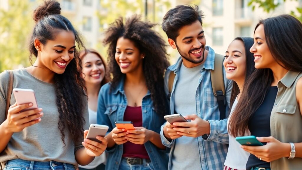 People happily using dating apps outdoors.