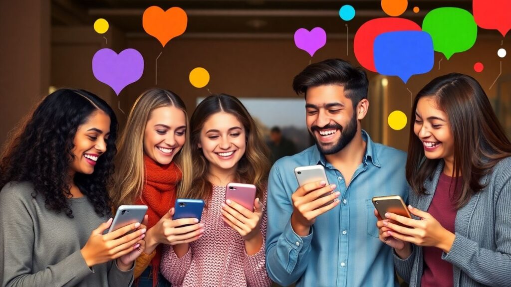 People happily using dating apps with abstract connection shapes.