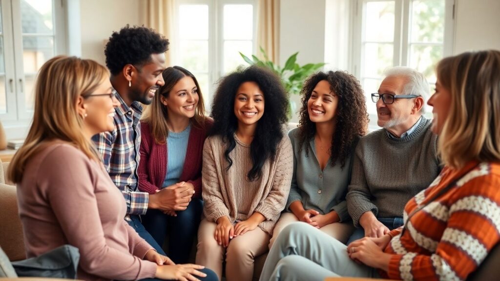 People in a bright room, conversing with open body language.