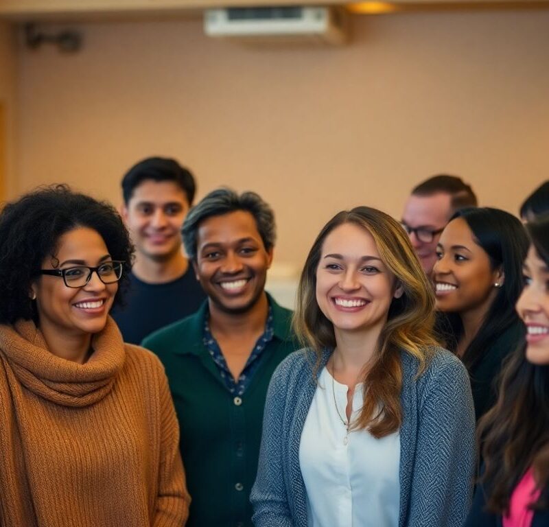 People smiling and connecting in a warm, inviting setting.
