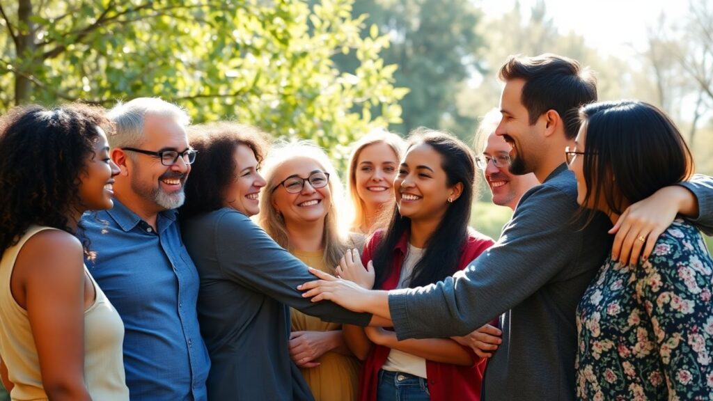 People smiling and embracing in a sunny, natural environment.