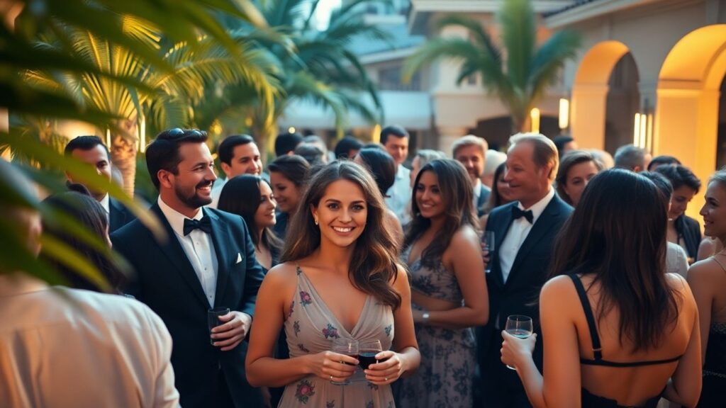 People socializing at a party in a resort.