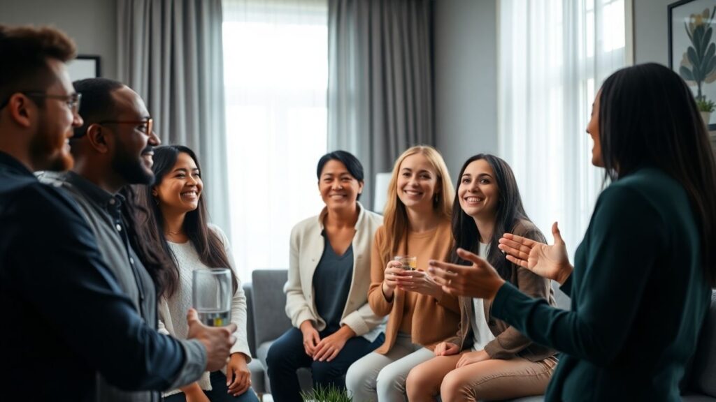 People socializing in a comfortable, modern setting.