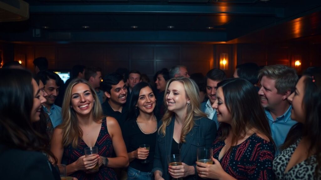 People socializing in a modern, intimate lounge setting.